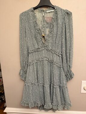 Ruffled Tiered Long Sleeve Midi Dress - Sage Floral by Unknown